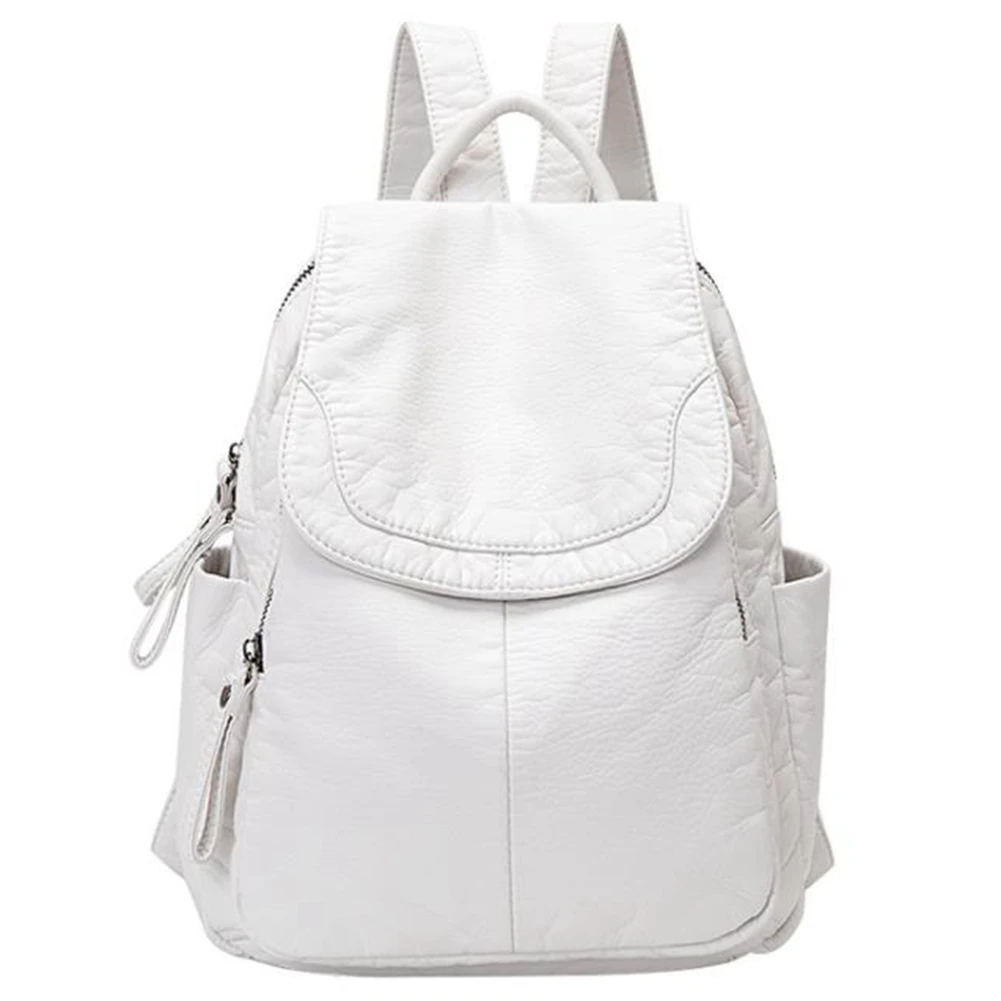 Women's Soft Leather Casual School Bag Washed Leather Backpack Girl Travel Small School Bag-White