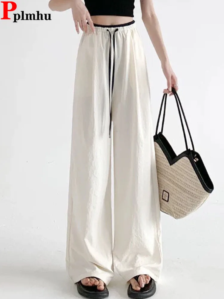 

Summer Ice Slik Thin Loose Straight Pants Women Casual Elastic High Waist Wide Leg Pantalones Korean Fashion Lace Up Sweatpants