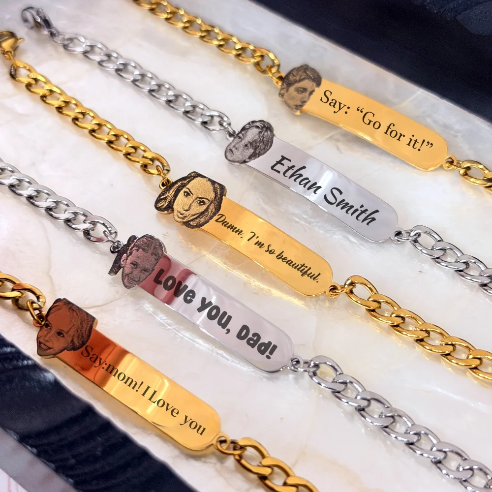 DUOYING Custom Portrait Photo Engraved Bar Bracelet Personalized Text Message ID Tag Cuban Chain