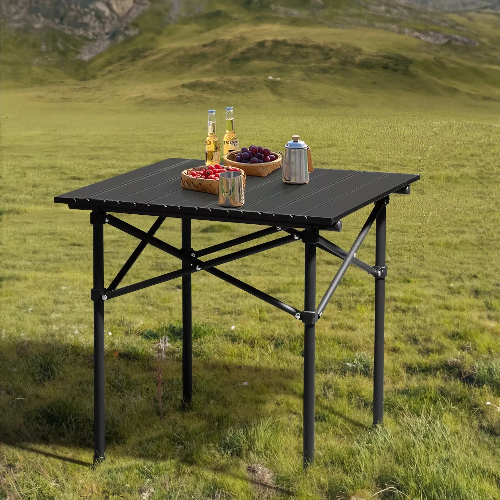 Folding Portable Camping Outdoor Picnic Table Carbon Steel with Carry Bag, Black