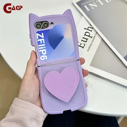 For Samsung Z Flip 6 Cute Cat Ears Leather Bracket Case for Samsung Galaxy Zflip6 Z Flip 6 5 4 3 ZFlip4 Love Leather Stand Cover