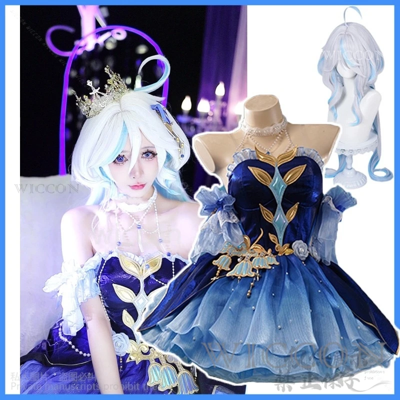 Anime Game Genshin Impact Cosplay Furina Costume Women Dress Lolita Evening Wigs Role Play Halloween Christmas Suit Customized