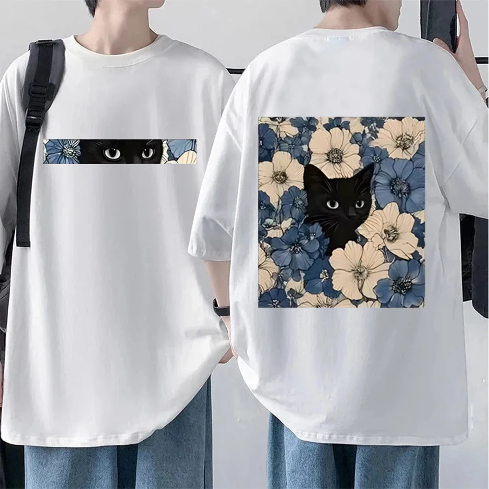 Vintage Black Cat Floral Pattern Mens Womens T Shirt Double Sided Print Streetwear Casual Unisex Tee Short Sleeved Couple's Tops