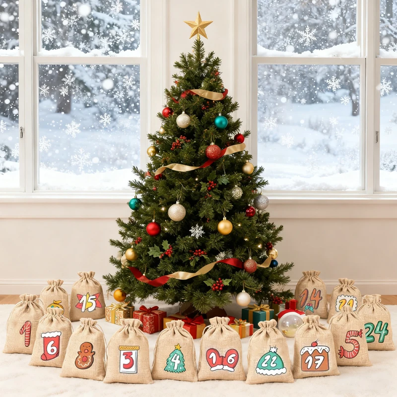 

24-дневные рождественские сумки с обратным отсчетом и адвент-календарем, рождественские подвесные украшения для адвент-календаря, подарочные пакеты, праздничный подарок для детей