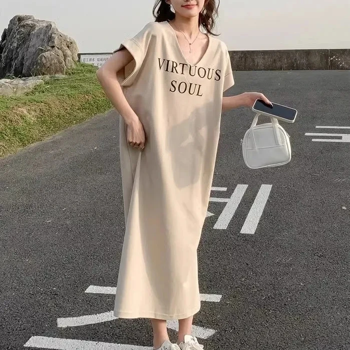 Lazy style loose Korean oversized T-shirt Dress, Summer Short Sleeved Women's V-neck rolled edge sleeve slit long Dress,2024,