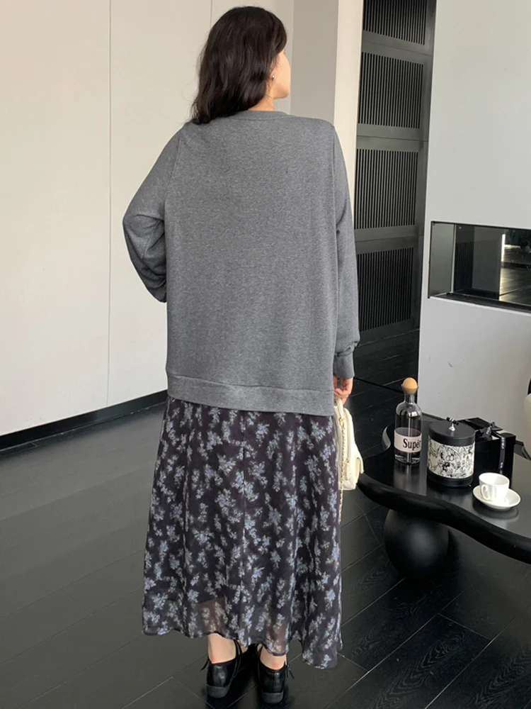 NYFS حجم كبير فستان طويل فضفاض مريح عادية الكورية نمط المرقعة طباعة هيم المرأة الخريف رداء قطع وهمية Elbise #5