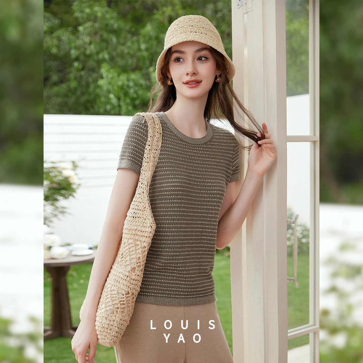 LOUISYAO Vintage Contrast Hollow Knit Top 2026 Summer Old Money Style Casual Pullover Crew Neck Short Sleeve T-Shirt