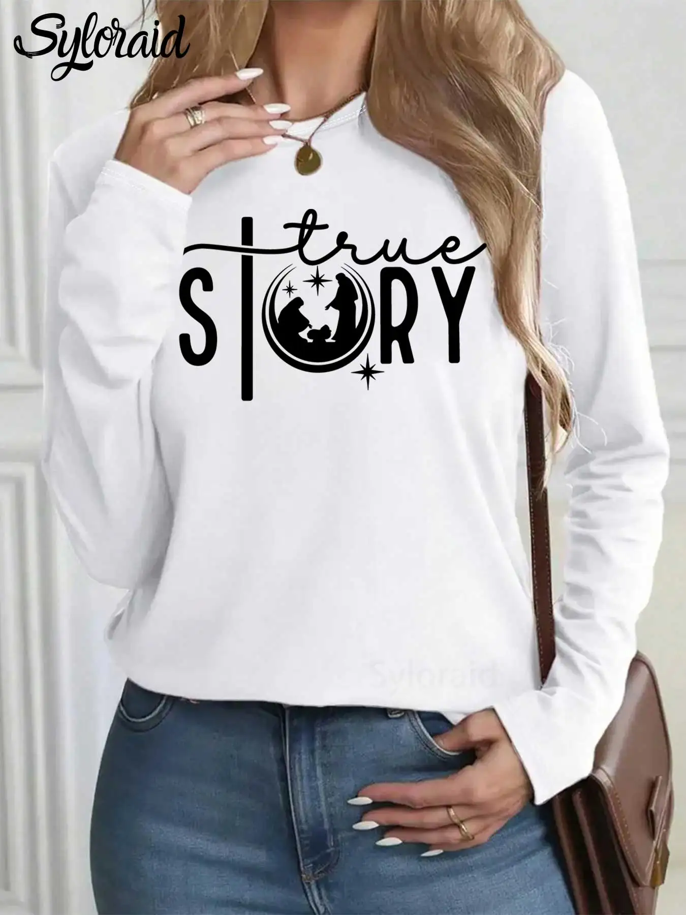 Camiseta de manga larga para mujer, camiseta cristiana de Navidad religiosa, historia verdadera, Natividad de Jesús, Top informal de cuello redondo a la moda