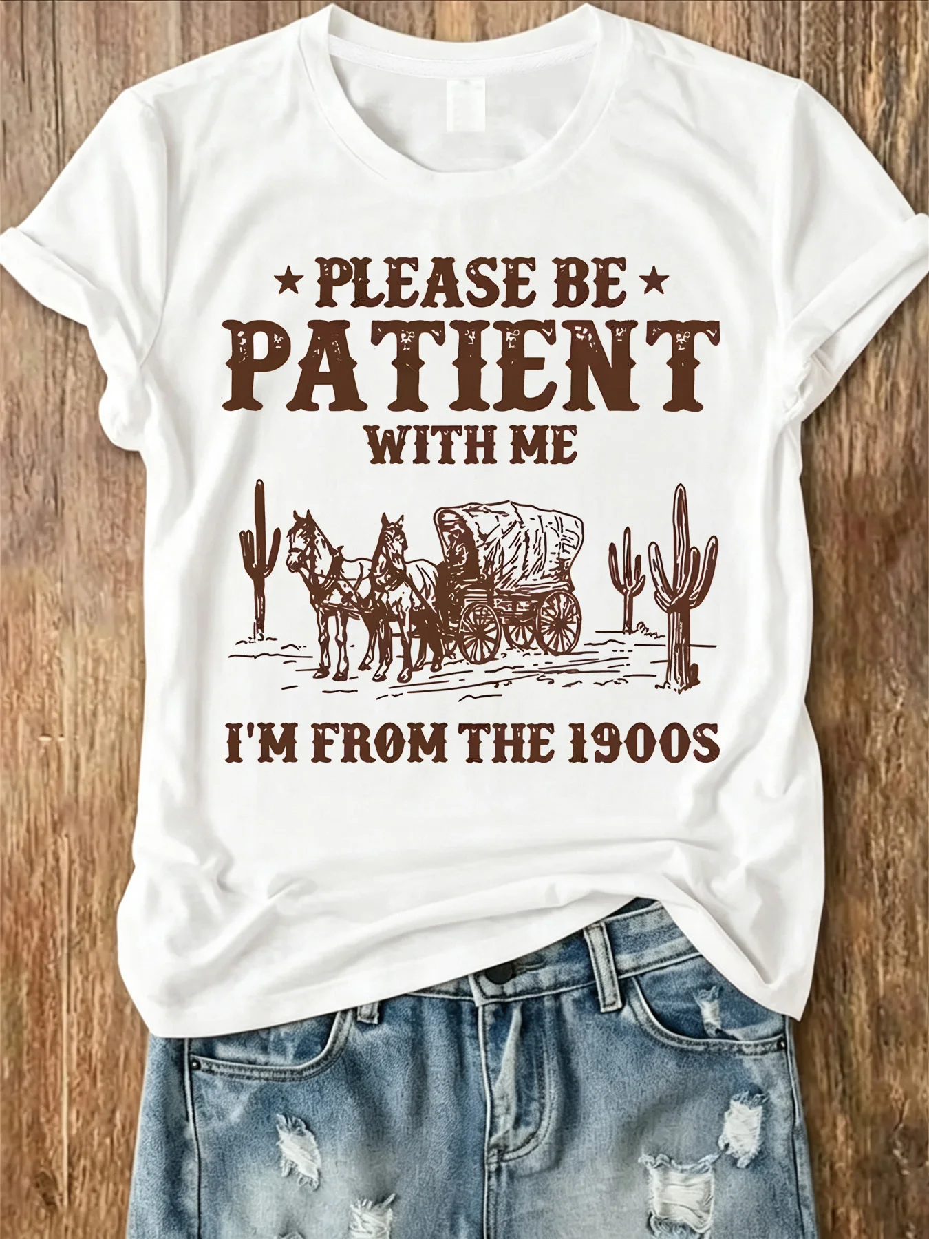 【SYJ8049】Summer women's T-shirt featuring horses carriages and cactus prints short-sleeved women's casual round-neck top