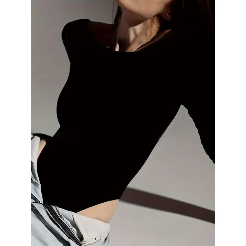 

Long-sleeved black sexy women's autumn and winter tight-fitting bodysuit, solid color casual women's street style jumpsuit