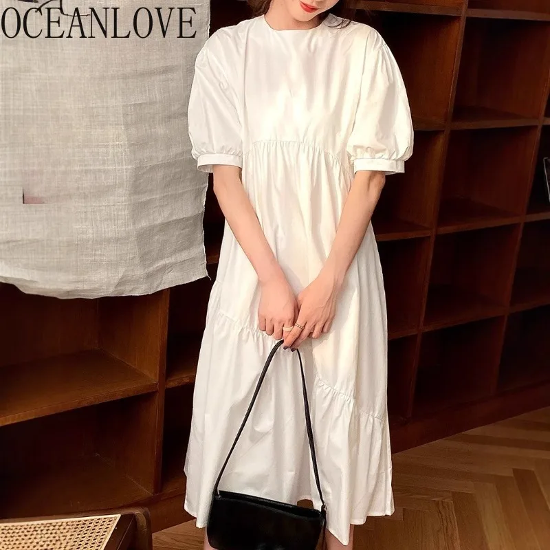 

OCEANLOVE White Dresses Women Solid Puff Sleeve Spring Summer Chic Long Dress Korean Fashion Vintage Sweet Vestidos Mujer