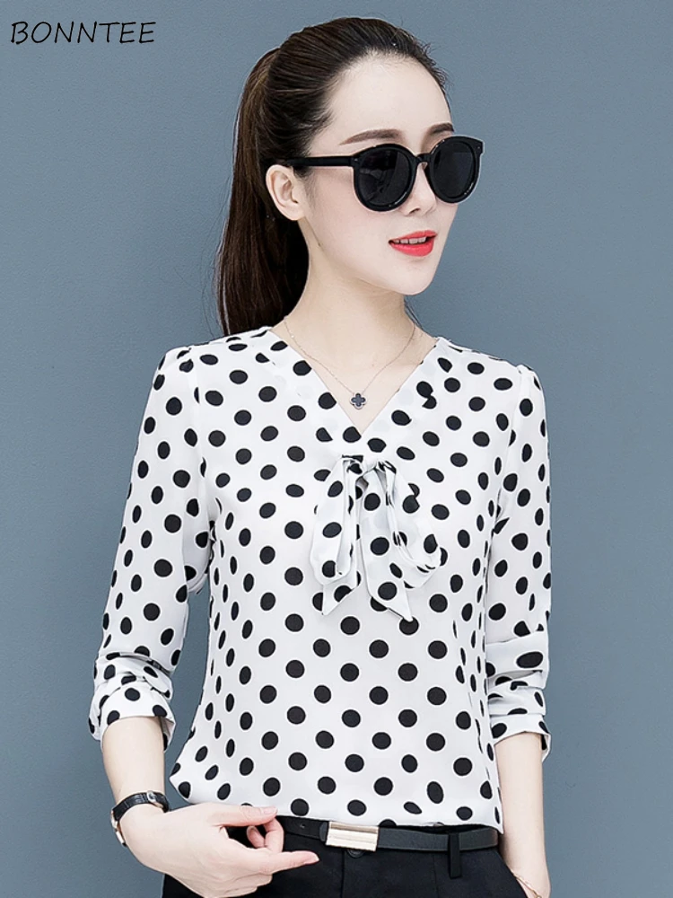 

Long Sleeve Blouse Women Temper V-neck Polka Dot Tops Elegant Office Lady Bandage Aesthetic Clothing French Style All-match Chic