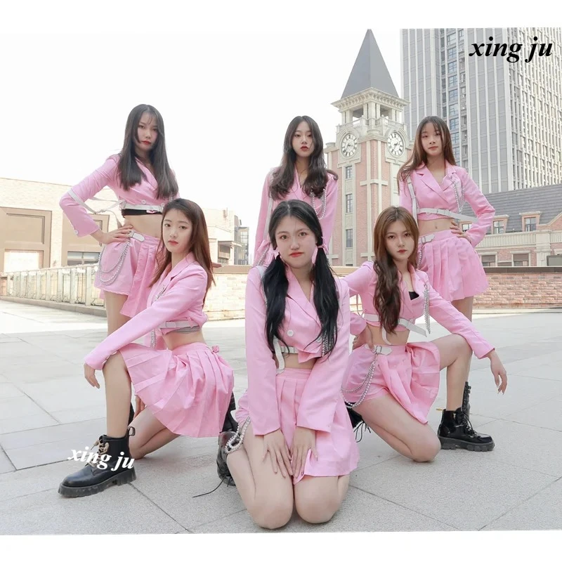 

Kpop Women Group Jazz Dancer Outfits Pink Crop Tops High Waist Pleated Skirt DJ Clothes Music Festival Clothing Stage Costume