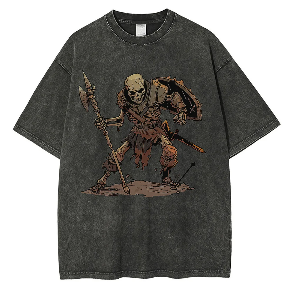 Skelett Krieger Grafik T-Shirts dunklen Dungeon-Stil gedruckt übergroßen T-Shirt Vintage Distressed Baumwolle Herren Tops