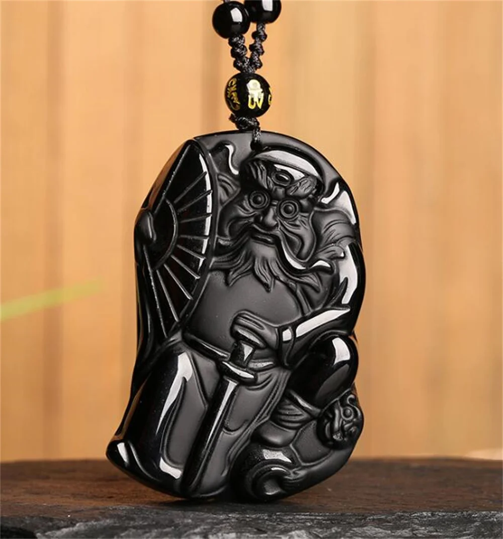 Wonderful Natural Black Obsidian Hand Carved Chinese ZhongKui The Ghost Catcher Amulet Pendant + Beads Necklace Fashion Jewelry