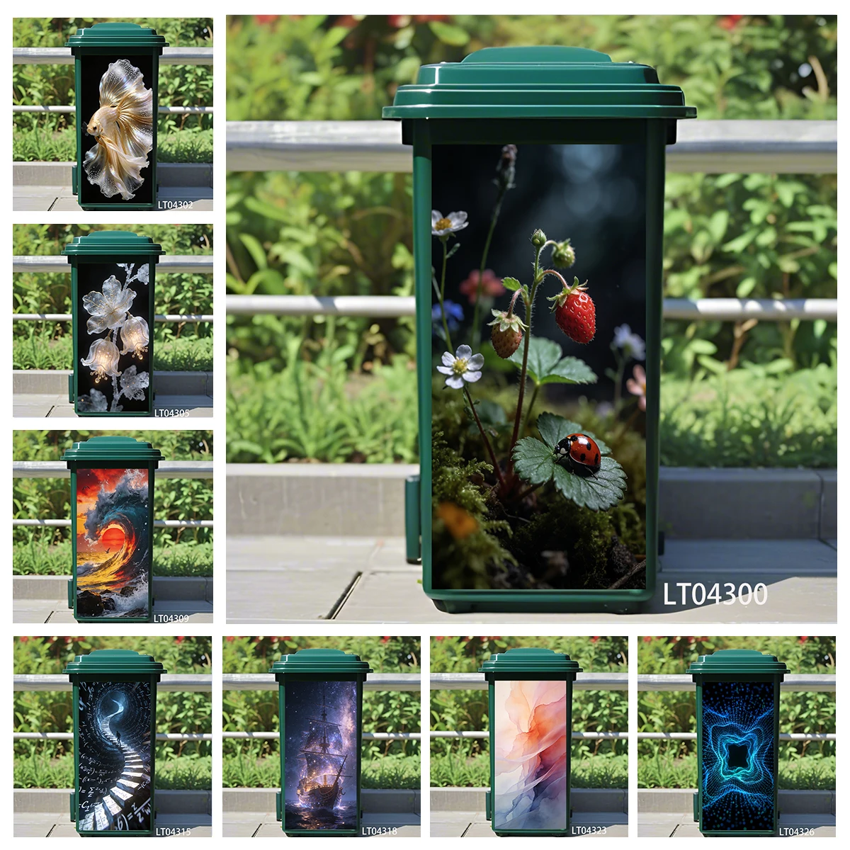Sky & Waves Halfmoon Betta Fish & Sci-Fi Tunnel PVC Self-Adhesive Trash Can Stickers, Waterproof Wear-Resistant Decals