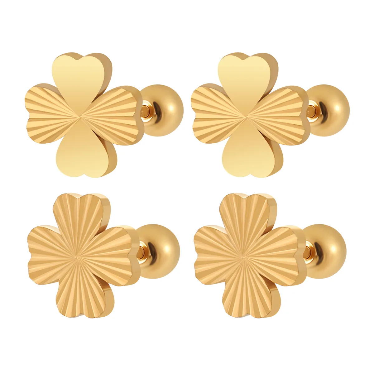 18K Gold Plated Titanium Steel Stud Earrings Laser Clover Heart Women 2 Styles Daily Brunch Office Fashion Jewelry Accessory