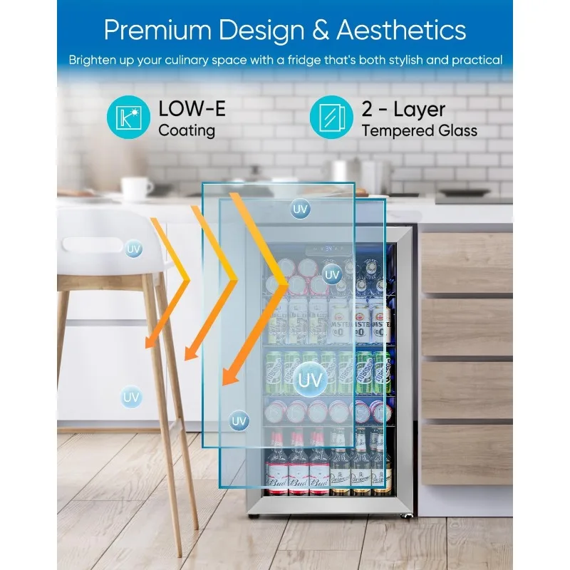 Beverage Refrigerator Cooler - 126 Can Mini Fridge Glass Door for Drinks Soda Beer Wine - Small Refrigerator for Office Bedroom