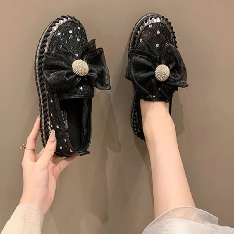

Women 2026 Summer Korean Style Thick Sole Platform Loafers Espadrilles Lace Rhinestone Slip on Driving Flats Shoes