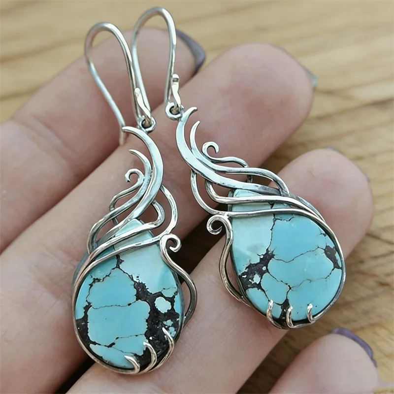 Vintage Blue Stone Boho Earrings Womens Exquisite Silver Color Metal Geometry Hollow Wedding Dangle Earrings 2022 Jewelry
