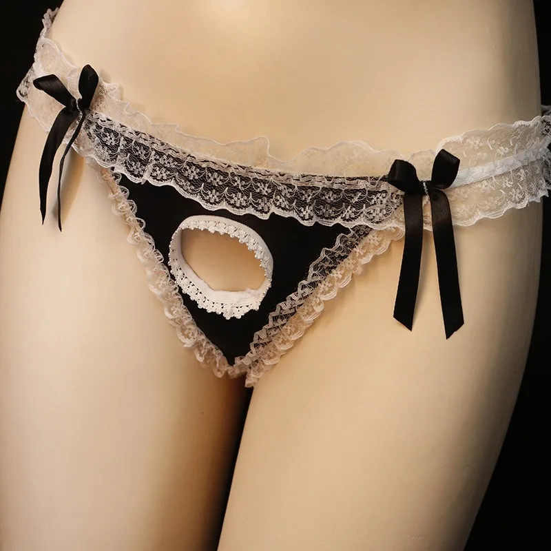 Sexy Lingerie Men JJ Hole Underwear Passionate Lace Male Opened Butt Crotchless Panties Gay Take Off Open Bow Thongs Temptation