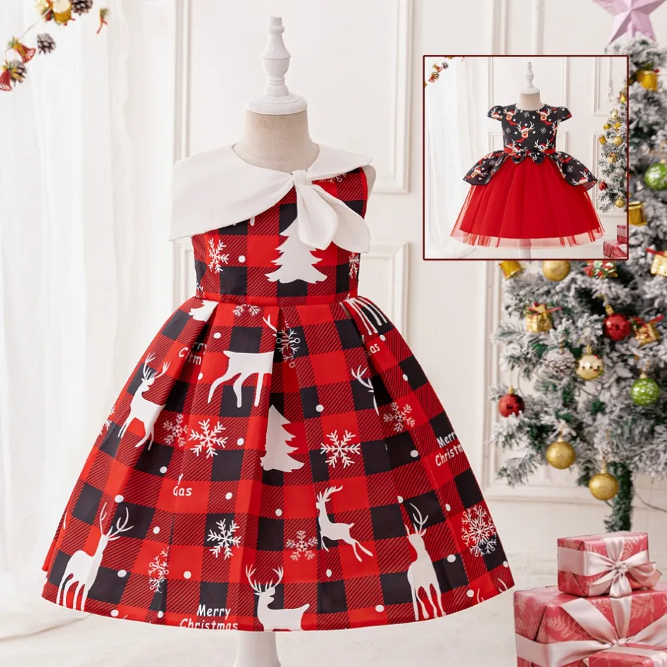 Girls Elk Snowflake Christmas Dresses Carnival Cosplay Halloween Costumes Red Plaid Birthday Party Dress Xmas Deer Kids Clothing