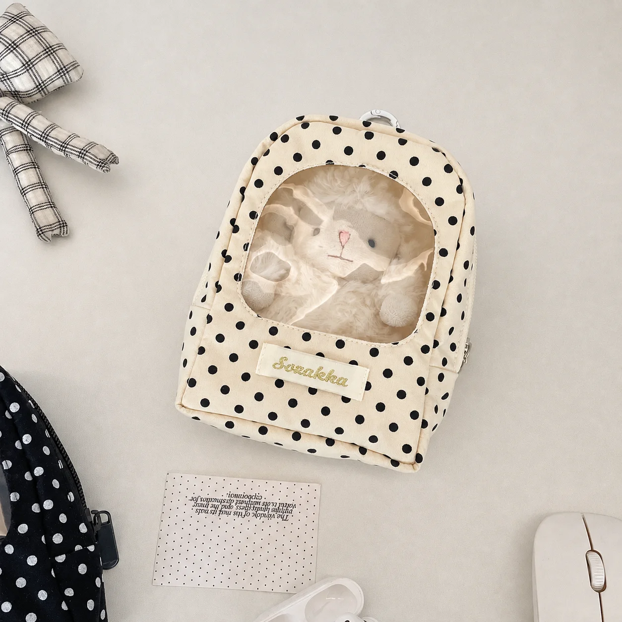 Polka Dot Storage Bag Thick Fabric Cotton Doll Storage Bag Transparent Window Pouch Transparent Dust-Proof Display Bag For Daily