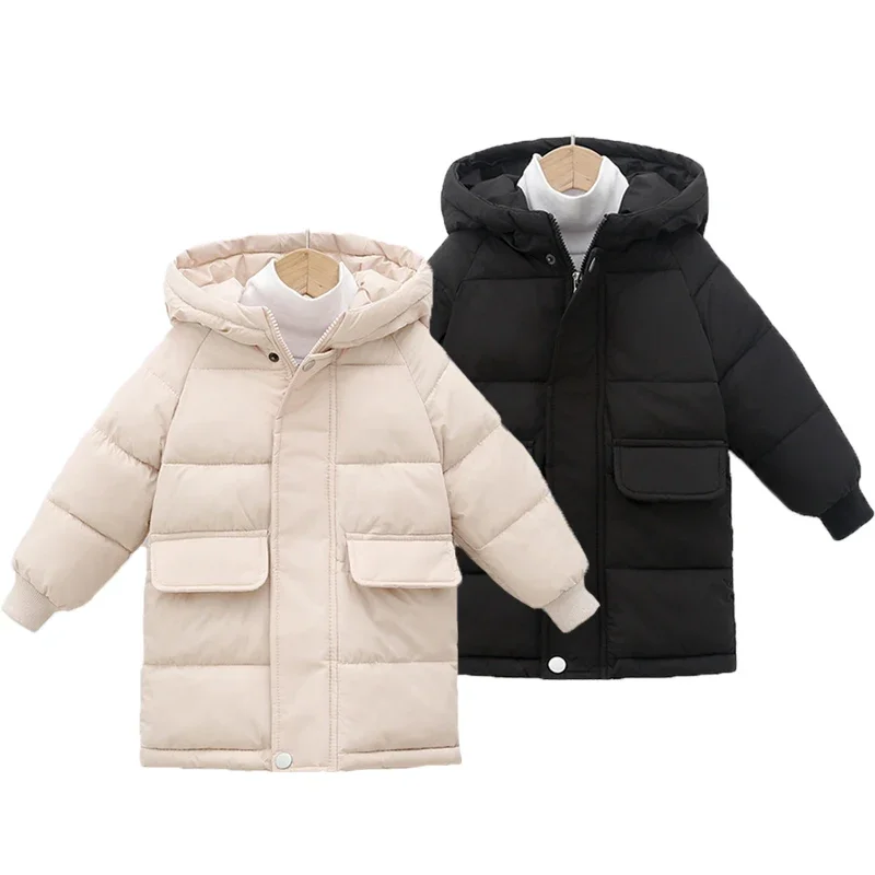 3-10 Years Winter Autumn Boys Jacket Long Style Solid Color Thick Keep Warm Hooded Coat For Teen Kids Down Cotton Outwear