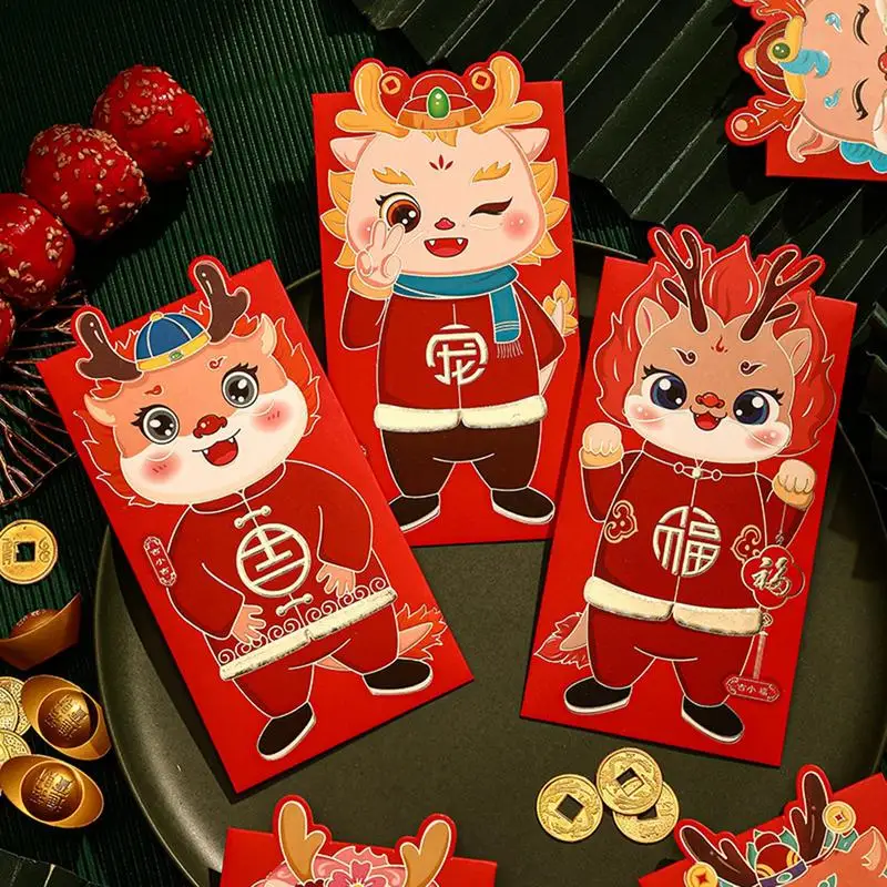 Chinese New Year Red Envelopes Lucky Money Red Envelopes 6 Pcs Gold Foil Thick Durable Cute Cartoon Red Packets Lunar Year Decor