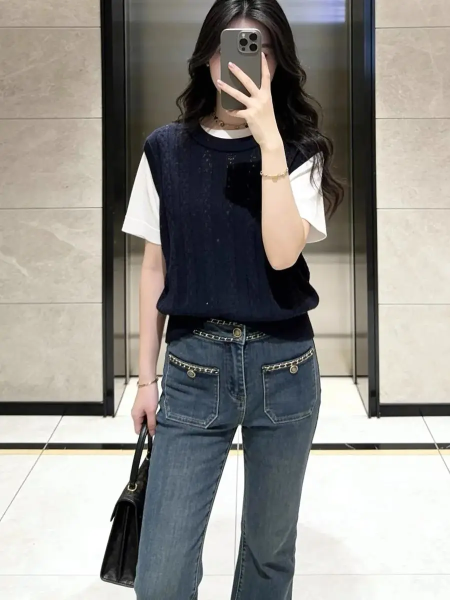 

Women Twisted Hollow Out Sweater 2026 Spring New Color Contrast O-Neck Short Sleeve Fashion Ladies Knitted Pullover