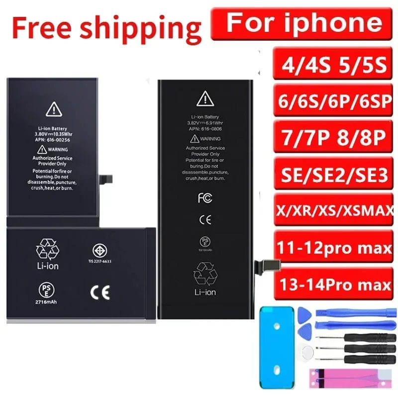 100% Genuine Battery for IPhone X XR XS 11 12mini 13pro  14 Pro Max  Replacement Bateria for Apple 5S 6S 7 8PLSU