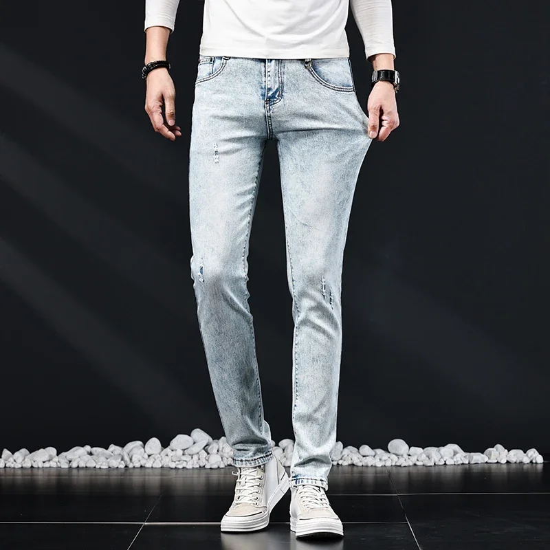 Pantalones vaqueros ajustados para hombre, Vaqueros clásicos, elásticos, informales, lavados con copos de nieve, 2024