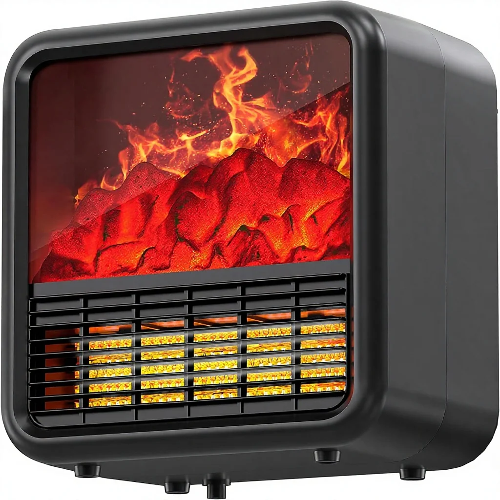 Riseon Small Fireplace Space Heater Indoor Use Realistic 3D Flame Thermostat 1500W/750W PTC Ceramic Heating Tip-Over Safety