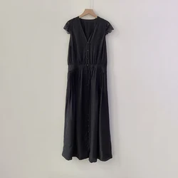 Zadig Summer Black Women's Dress Lace Patchwork Sleeves Fashion Robe Silk Wing Jacquard Pleated Design Black Female Long Dresses