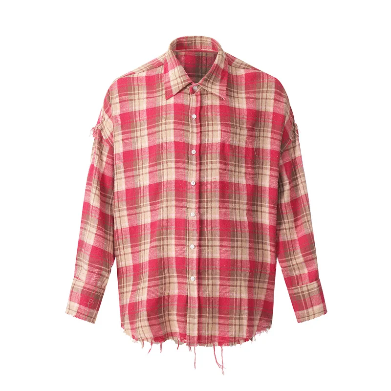 Spring Autumn Retro Washed Handmade Tassel Pink Plaid Shirt 2024ss New Loose Man Woman Best Quality Casual Long Sleeve Shirt