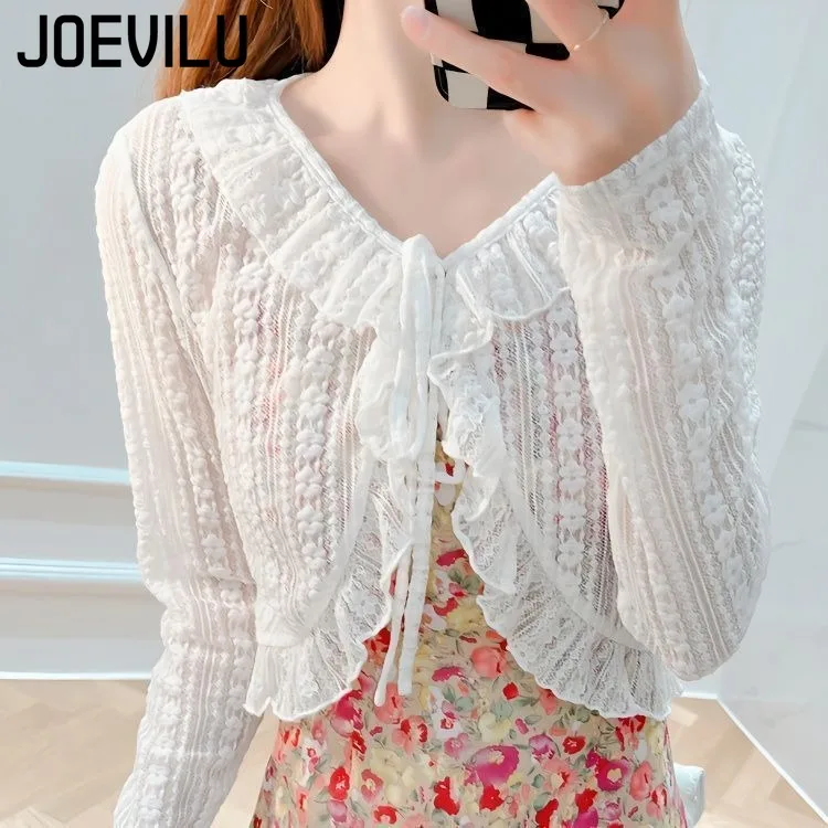 JOEVILU Y2K Korean Fashion Women's Lace Up Floral Cardigan Summer Sun Protection Cover Up Blouse White Chic Shirts Ladies Tops