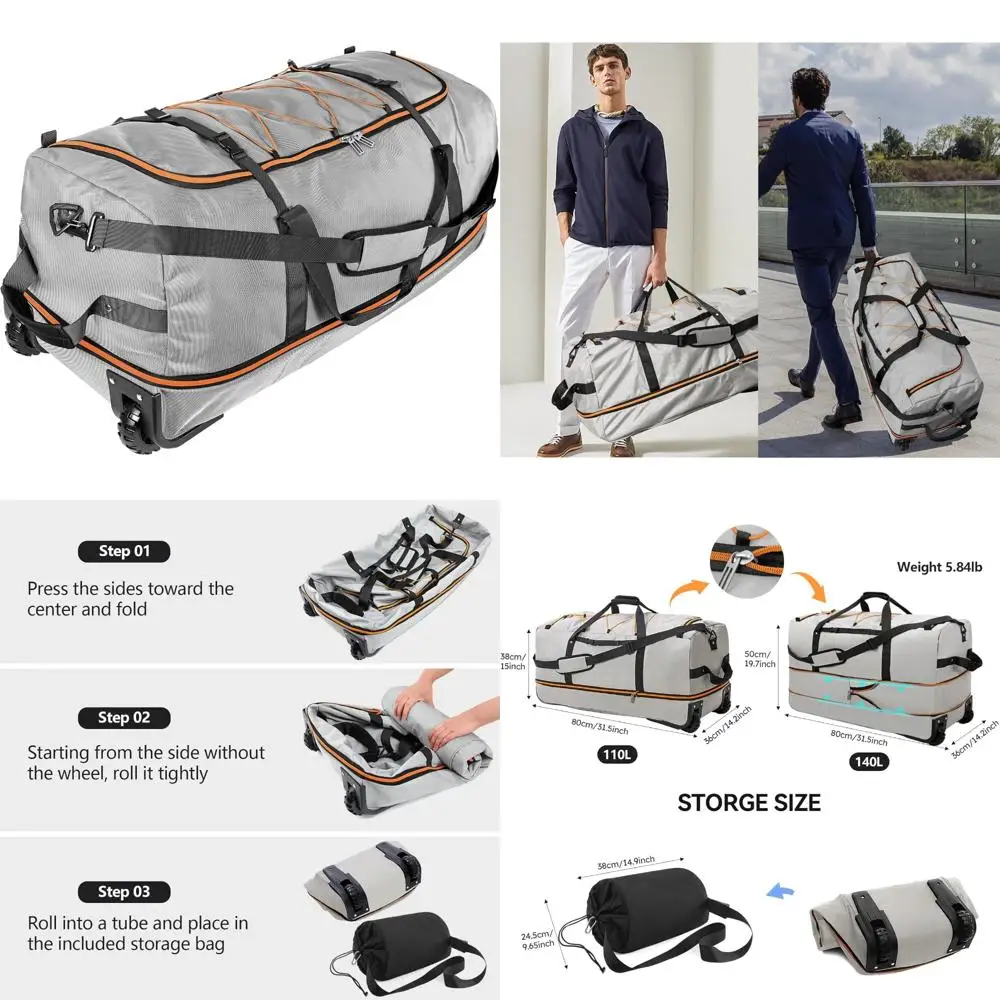 

Expandable Soft-Sided Foldable Duffle Bag 110L/140L with 2 Rubber Wheels, Packable 32 Rolling Carry-On, Multi-Pockets, Compact T