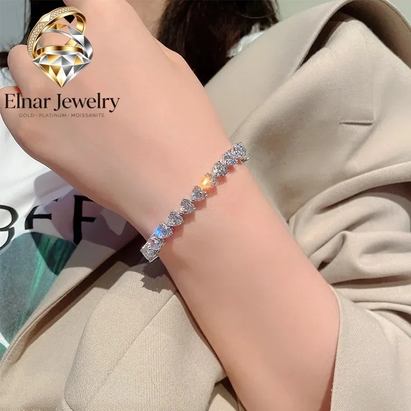 

Elnar Jewelry Luxury Solid Platinum PT950 Women's Moissanite Diamond Heart-Shaped Love Bracelet Full Diamond Bracelet