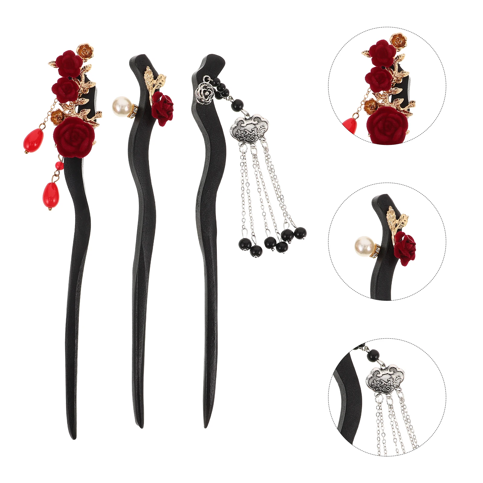 

3pcs Wooden Rose Hairpins: Vintage Tassel Sticks Dangling Flower Hairpins For Women Updo Holders Hanfu Hair Accessories Chinese