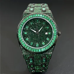 2024 New MISSFOX Hip Hop Green Iced Watches Mens Luxury Stainless Steel AAA Clocks Man Fashion Square Diamond Jewelry Wristwatch