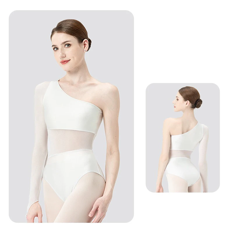 

Women's Ballet Leotard One Piece Dissymmetrical Oblique Shoulder Mesh Splice Dance Gymnastics Sexy Yoga Bodysuit
