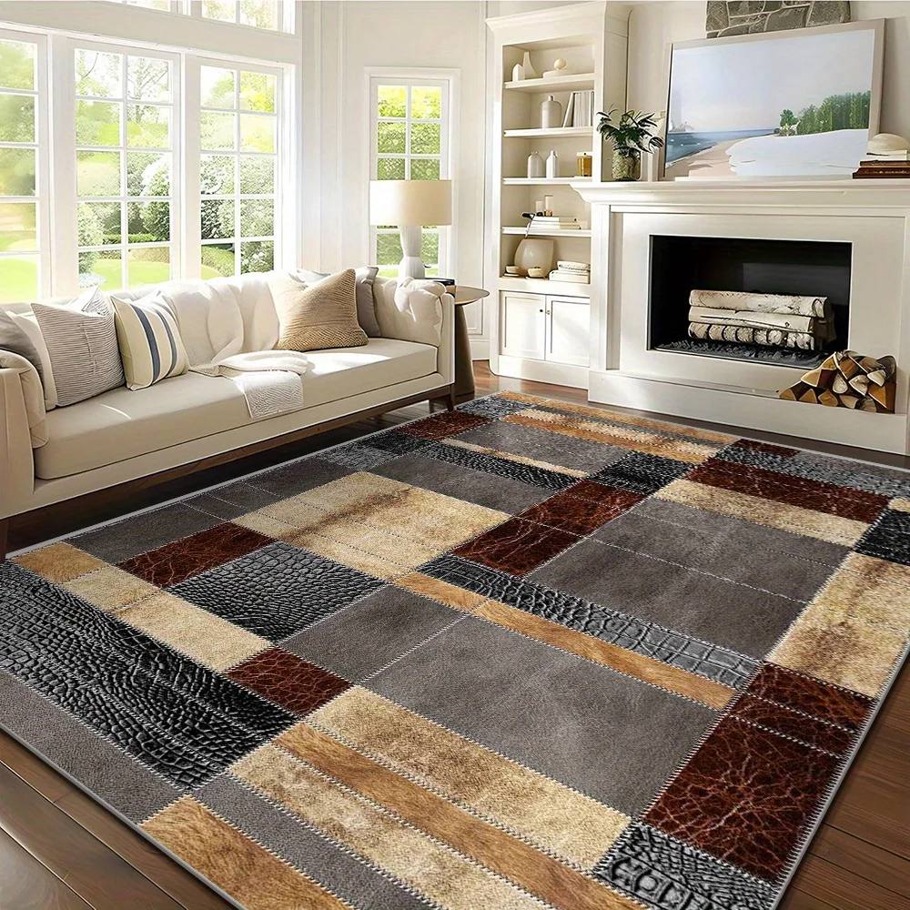 VIKAMA Vintage Patchwork Leather Texture Living Room Rug Stitched Square Block Design Non‑slip Wear‑resistant Indoor Carpet