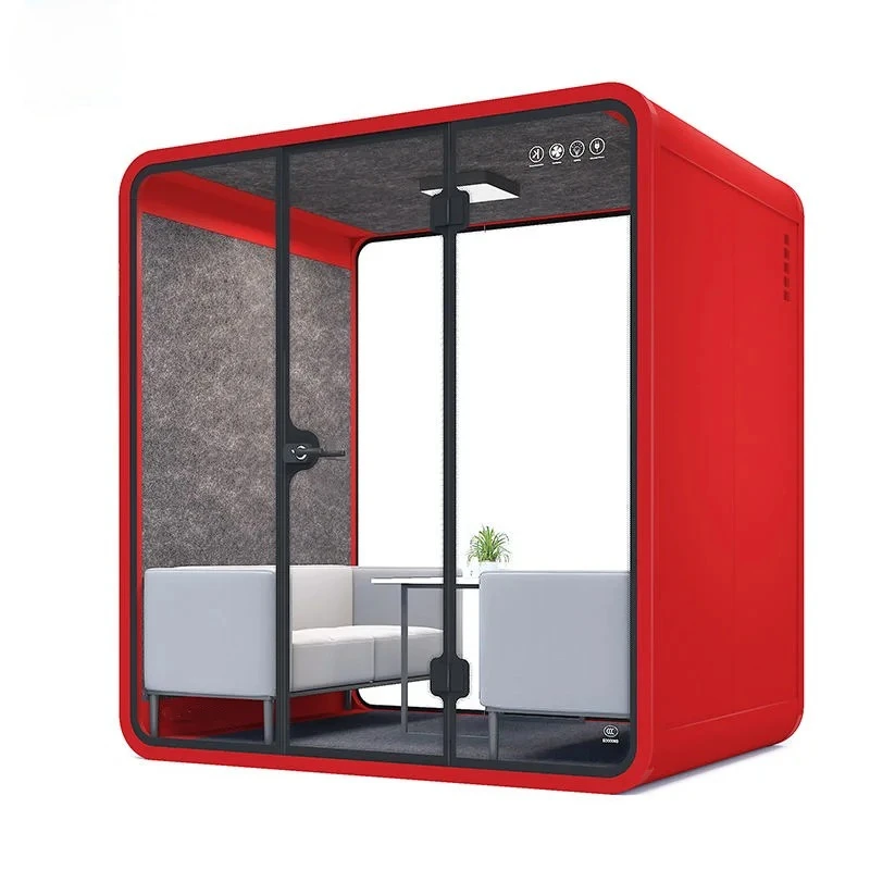 

Factory Manufacture Custom Soundproof clear Phone Booth Prefab Office Pod With Wide Door Sofa Desk