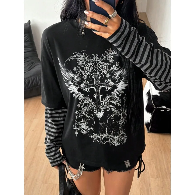 2026 New Y2K Gothic Women Long Sleeve Tops Fake Two‑Piece Cross Wing Print Striped Splice Sleeve Loose Punk Streetwear Blouse