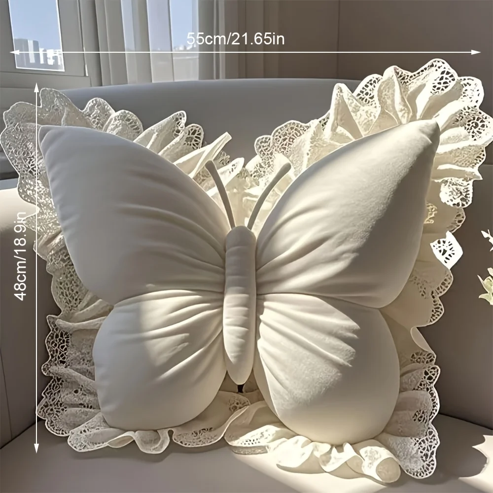 White Butterfly Cushion Pillow, Butterfly-Shaped Decorative Pillow With White Lace Trim, Butterfly Cushion For Chair, Sofa, Bed