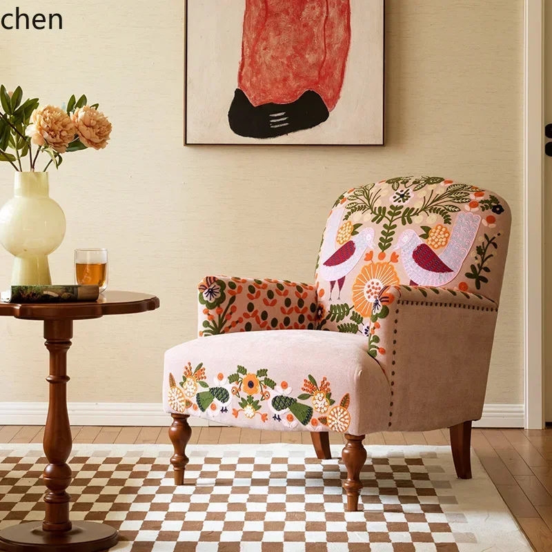 q-1  Solid Wood Fabric Couch French Retro Living Room Single Wingback Chair Leisure Chair