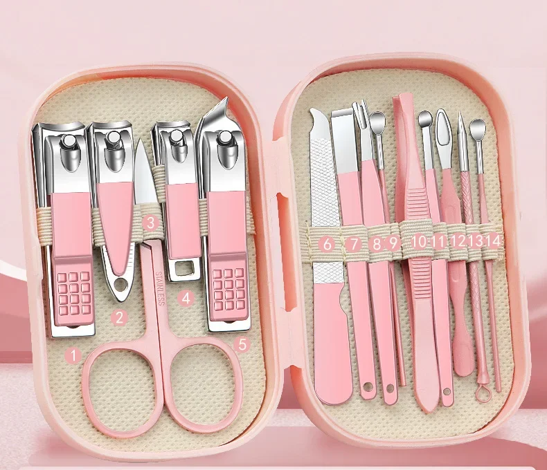 14-teiliges Set Edelstahl-Nagelknipser-Set mit Aufbewahrung Ergonomisches Design Gerade Klinge Langlebiges Maniküre-Werkzeug Weihnachtsgeschenk – Detail 17