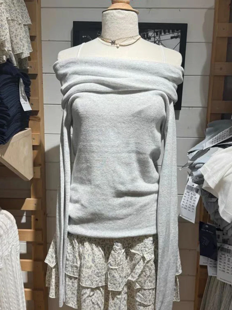 

Gray Simple Knitted Long Sleeve T-shirts Women Autumn Soft Cotton Sexy Slash Neck Slim Tees Sweet Streetwear Sweet Tshirts Y2K