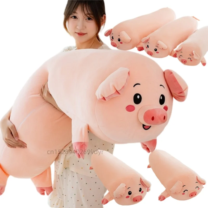 Long Pink Pig Plush Body Pillow Soft Stuffed Piggy Animal Hugging Pillow Removable Cover Large Cuddly Pig Adorable Cushion Gifts