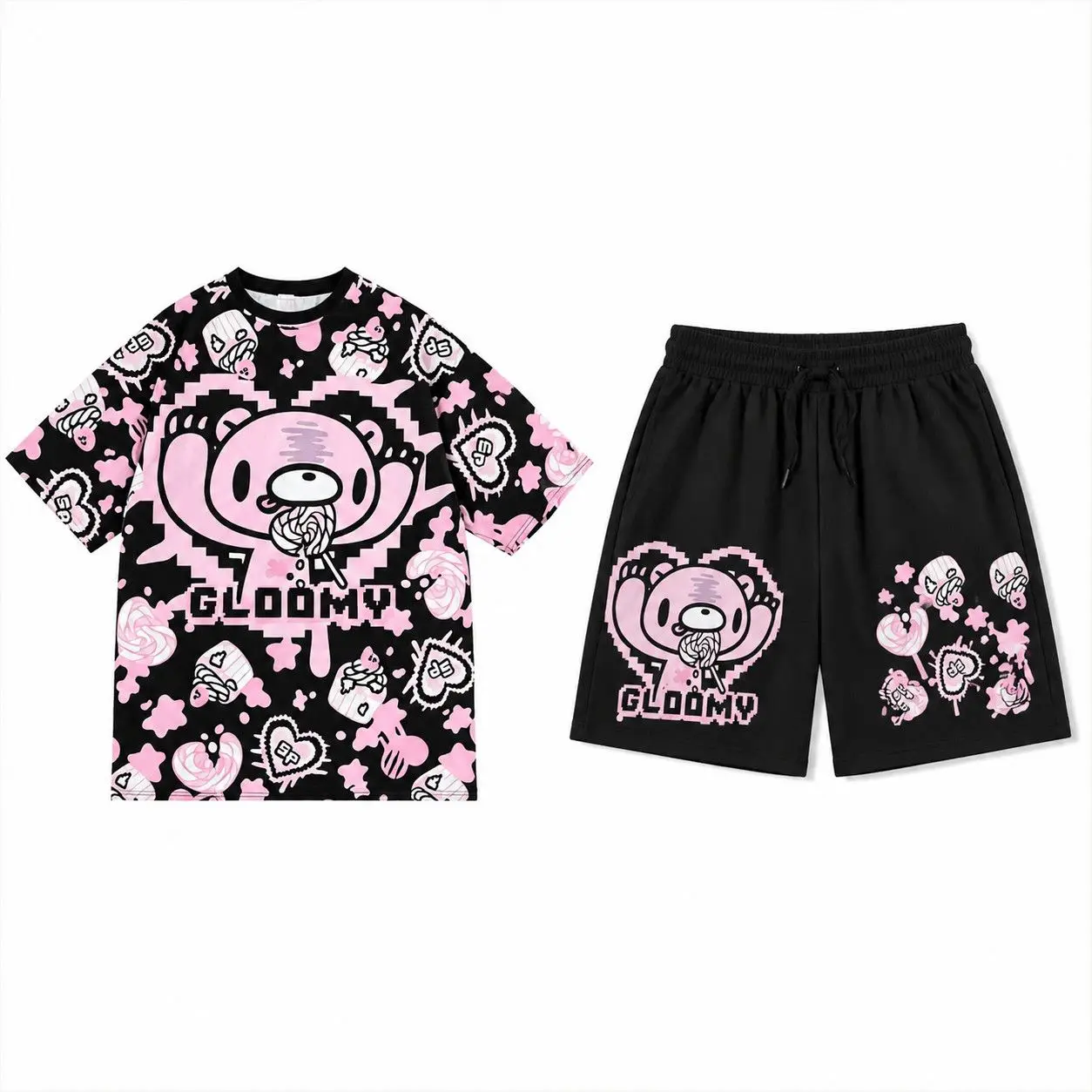 Summer Japanese Subculture 2 Piece Set Women's Short Sleeve O-Neck T Shirt + Elastic Waist Shorts Cartoon Bear Print Y2K Set